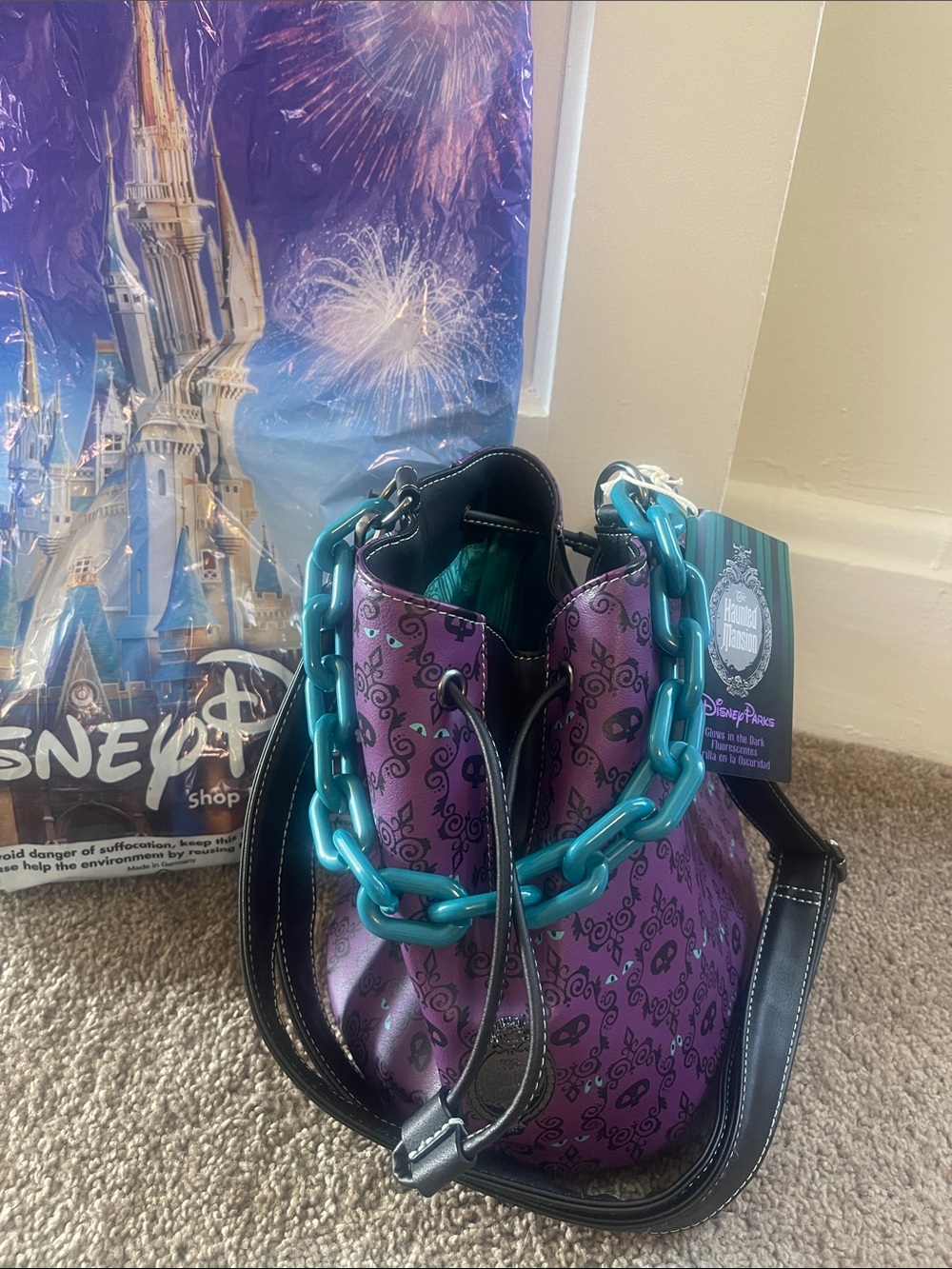 Loungefly Purple Haunted Mansion Bucket Bag with Teal Chain